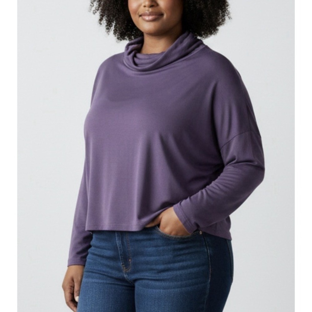 Eileen Fisher 2X 100% Silk Mock Neck Top Purple Lagenlook Minimalist Layering